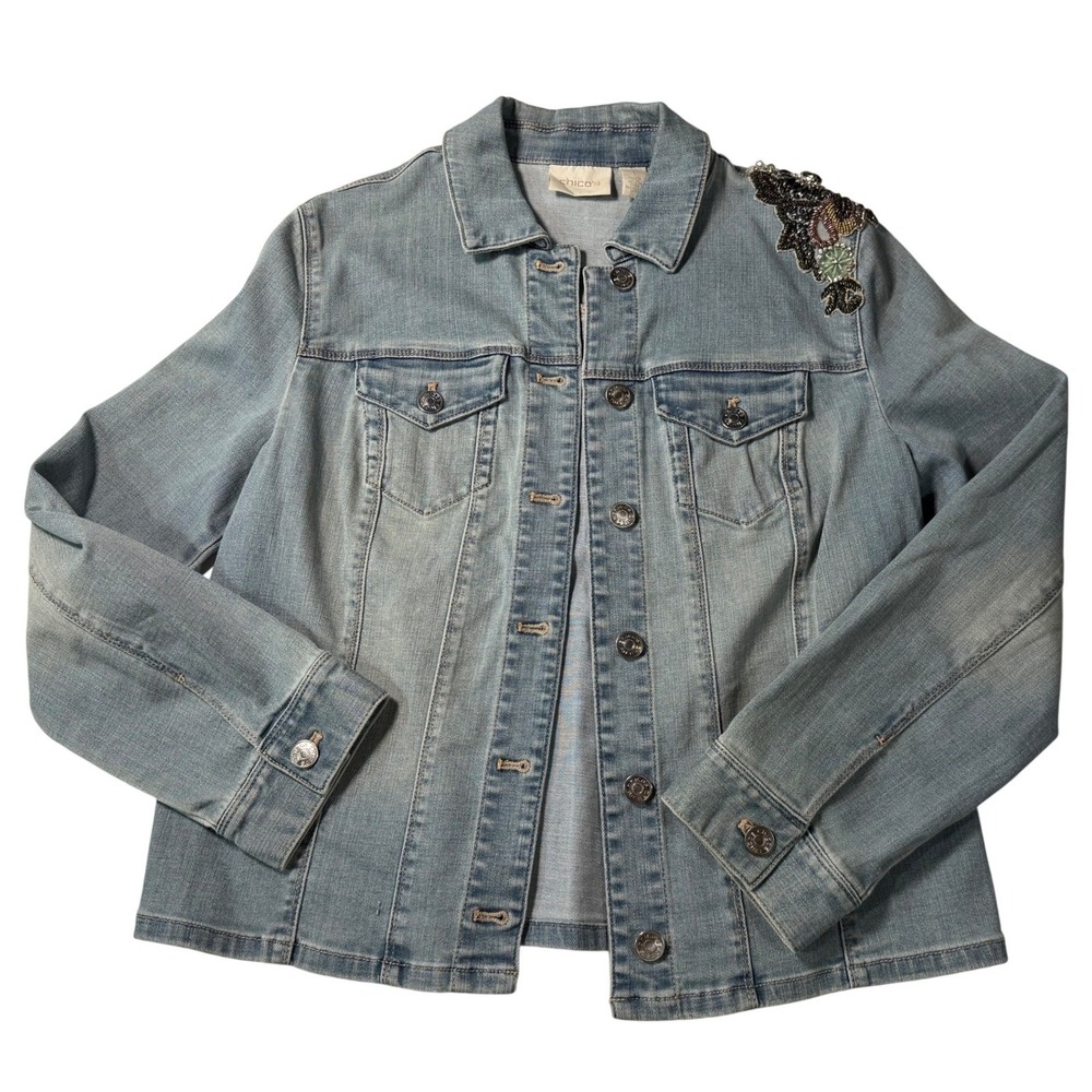 Chico's Denim Jacket Blue Beaded Floral Embellished Trucker Jean Coat 1 Women